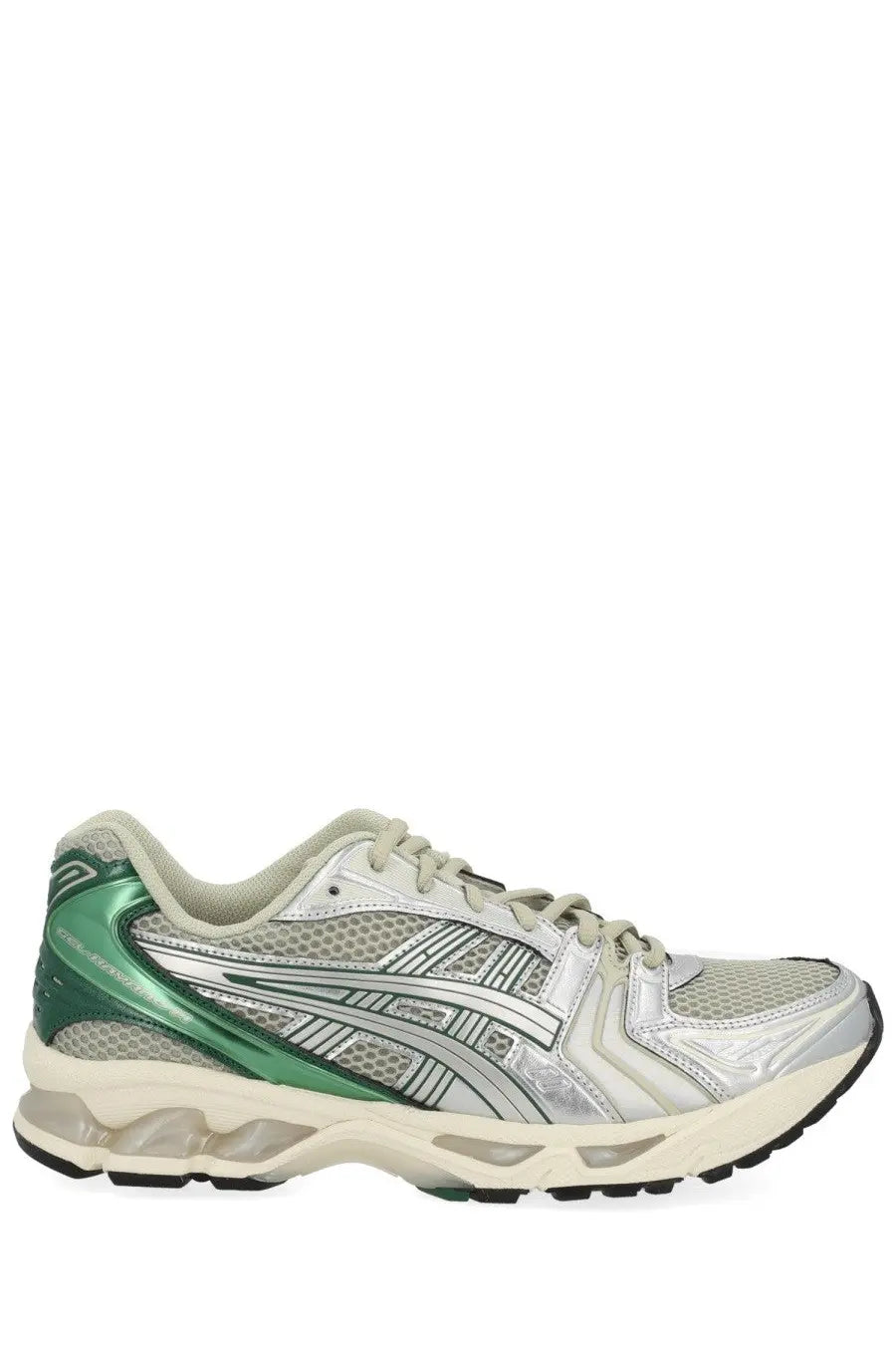 Asics unisex gel kayano sneaker in silver and green with mesh upper metallic accents and cushioned sole