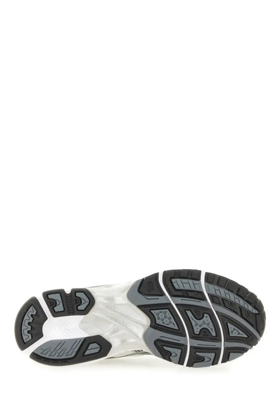 White and black asics unisex gel kayano sneaker sole with textured pattern and gray accents for athletic use