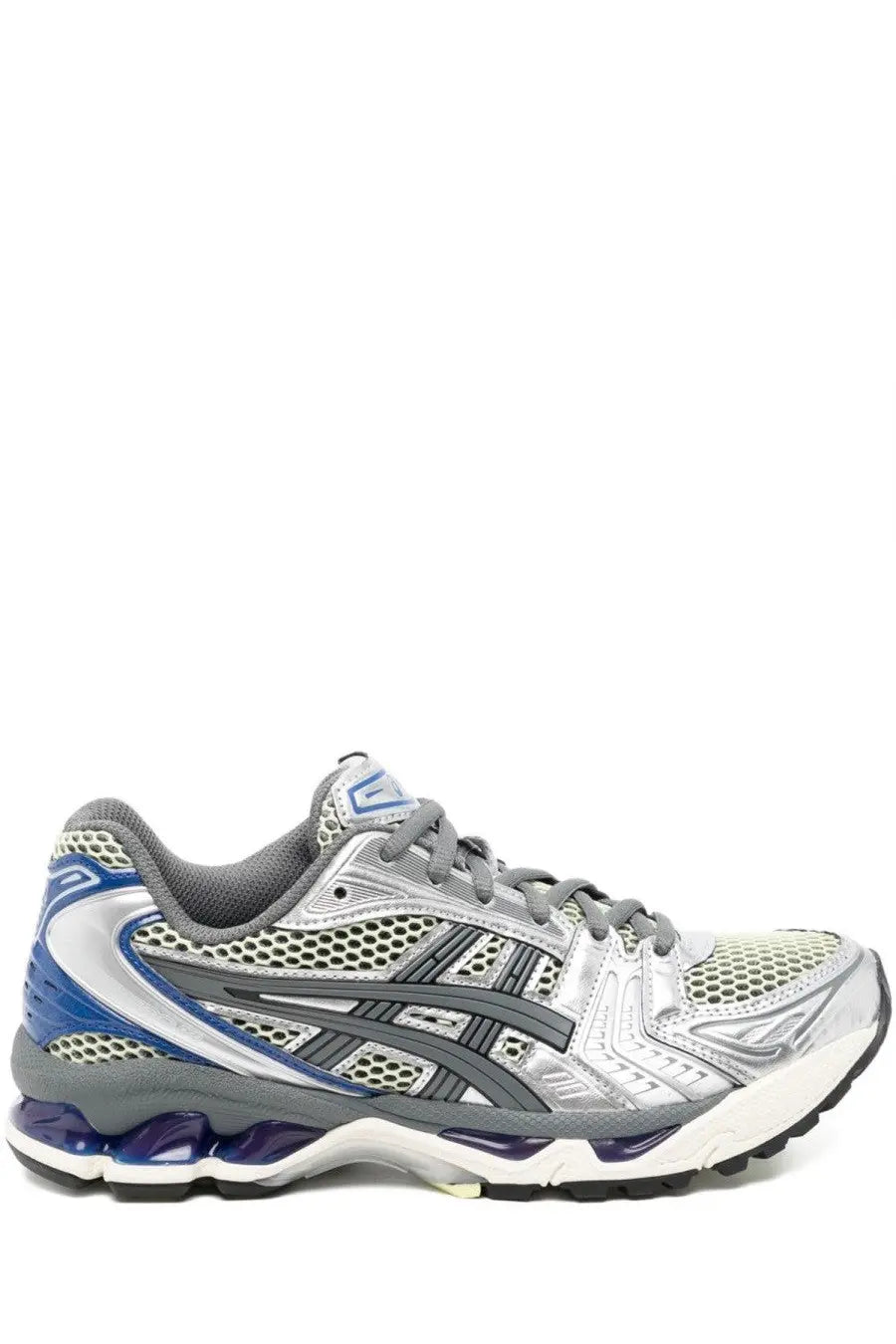 Asics unisex gel kayano sneaker silver with silver and blue mesh upper gray laces and cushioned sole