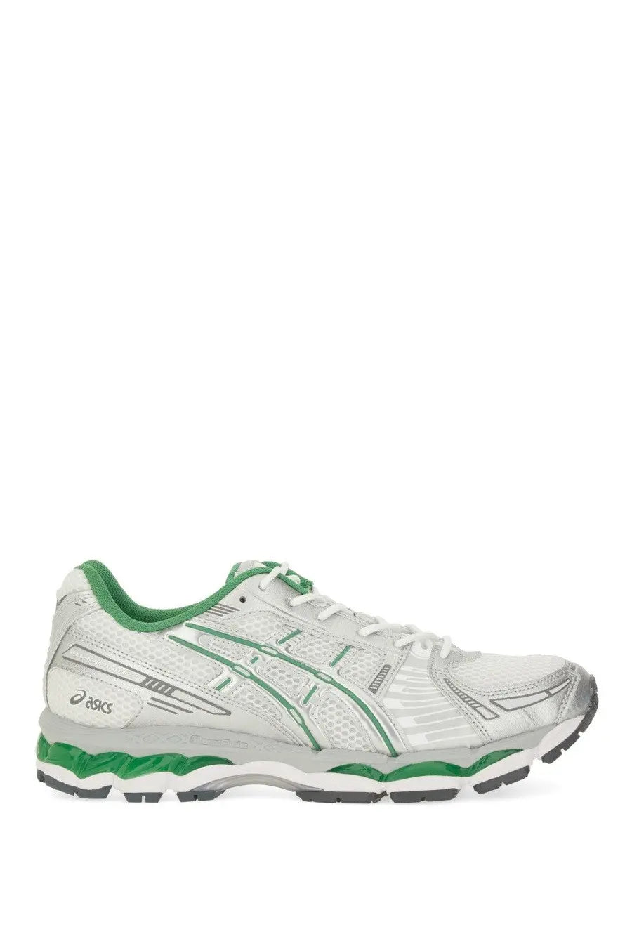 White and green ASICS unisex Gel Kayano running shoe with mesh upper silver accents and cushioned midsole