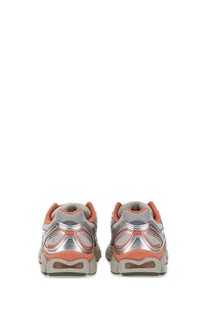 Asics unisex gel nimbus sneaker in silver and coral orange with metallic accents and breathable mesh upper