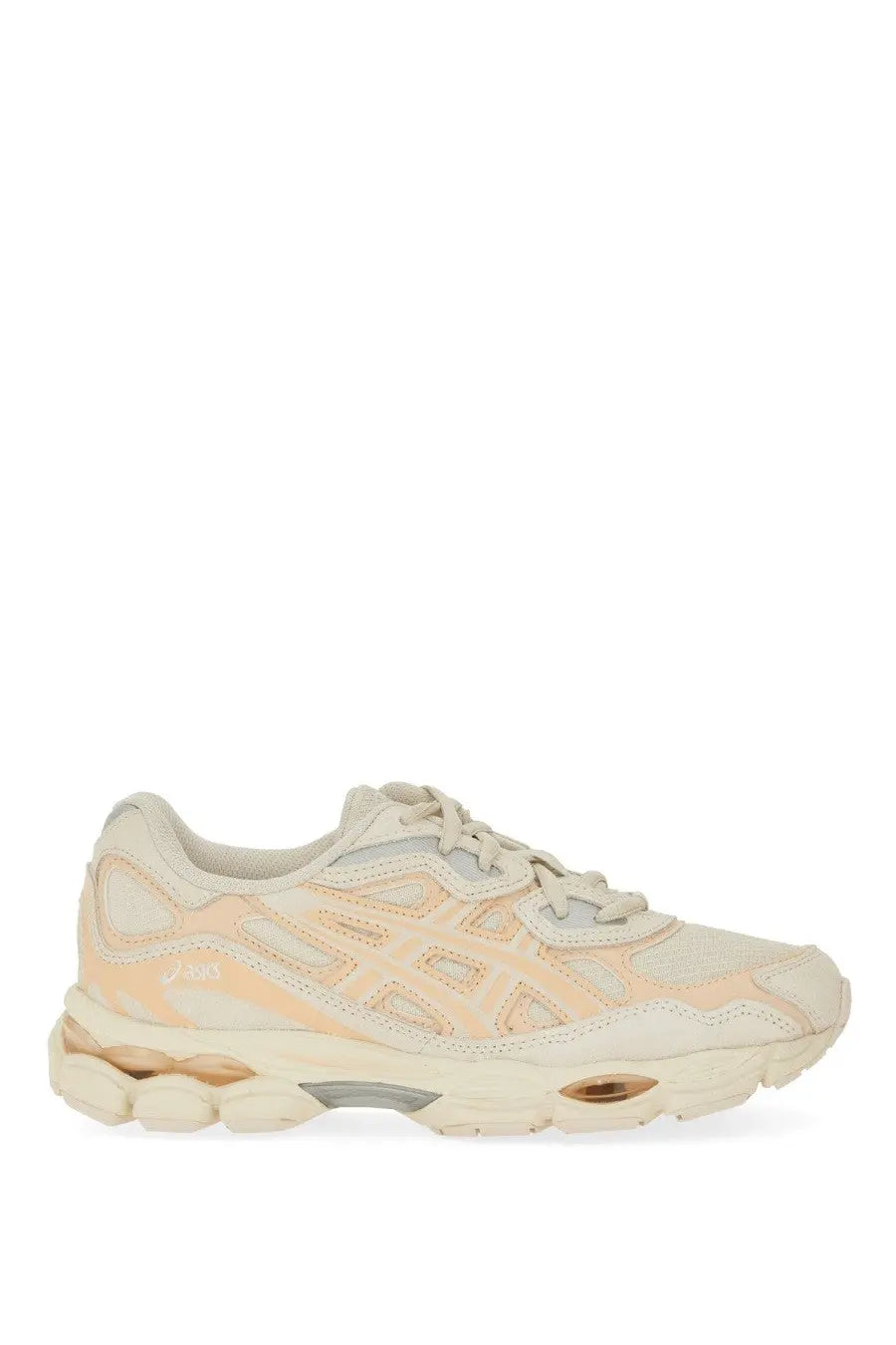 Asics unisex gel nyc sneaker beige with cream and peach mesh and synthetic upper cushioned midsole and visible air units
