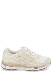 Beige asics unisex gel nyc sneaker with mesh and synthetic overlays white laces and cushioned sole for running