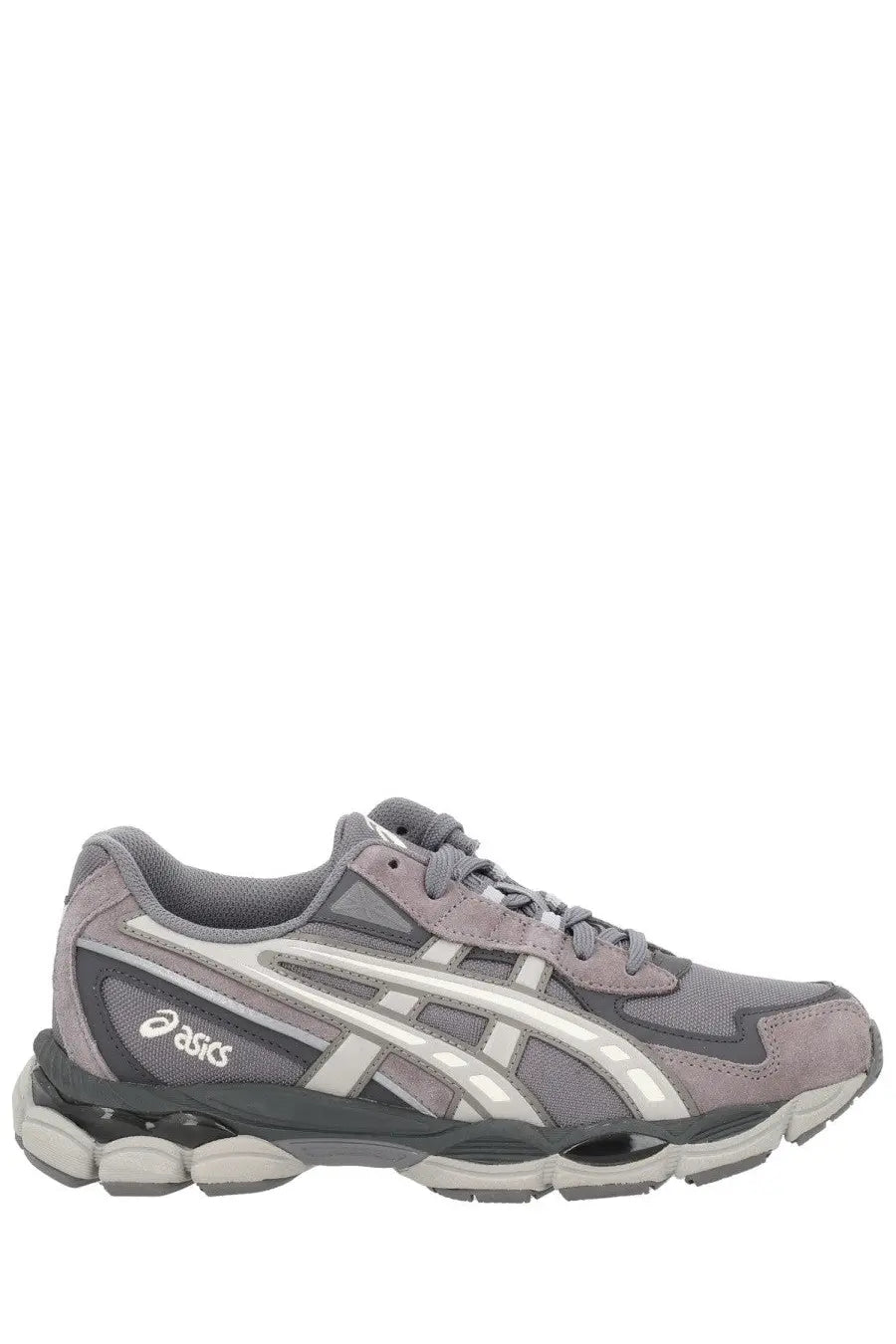 Asics unisex gel nyc sneaker grey with gray and white suede upper mesh panels and chunky rubber sole
