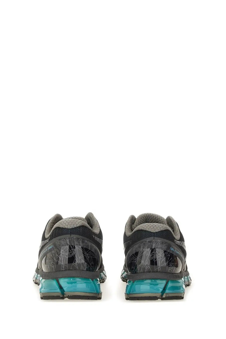 Asics unisex gel quantum sneaker in black and gray with translucent turquoise midsoles for running and casual wear