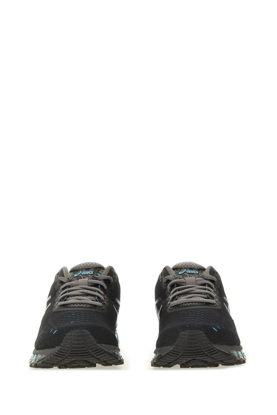 Black asics unisex gel quantum running shoes with gray laces and subtle teal accents on the sides
