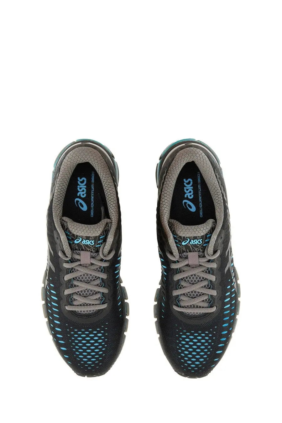 Asics unisex gel quantum 360 running shoes in black and teal with mesh upper and perforated design