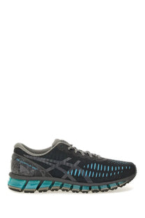 Asics unisex gel quantum 360 running shoe in black and teal with mesh upper gray laces and translucent turquoise sole cushioning