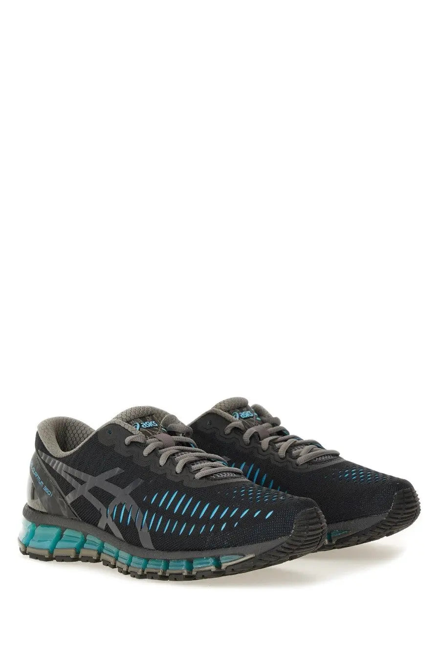Asics unisex gel quantum sneaker in black and teal with breathable mesh upper and visible gel cushioning technology