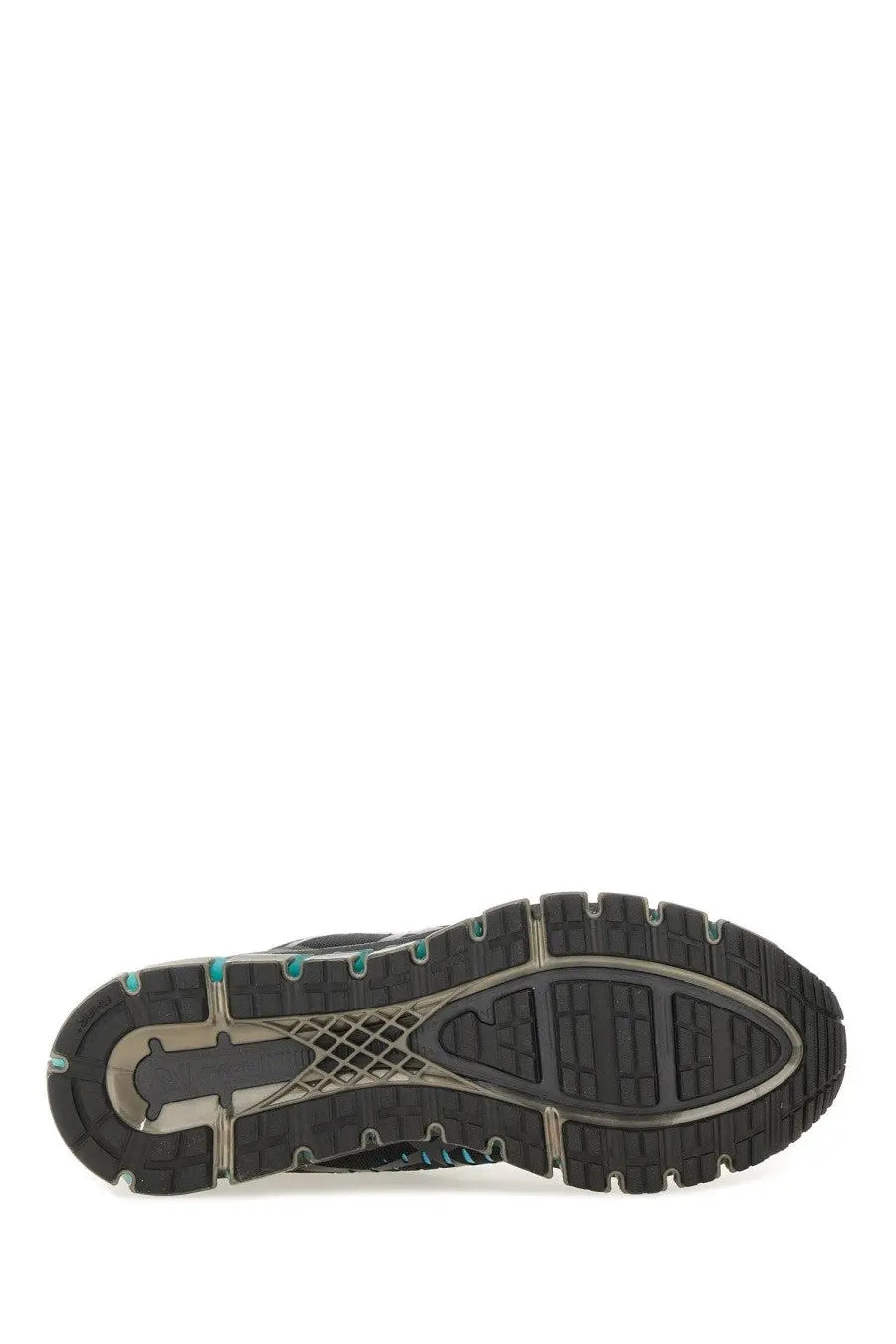 Asics unisex gel quantum sneaker sole in black and teal with textured rubber outsole and visible midsole structure