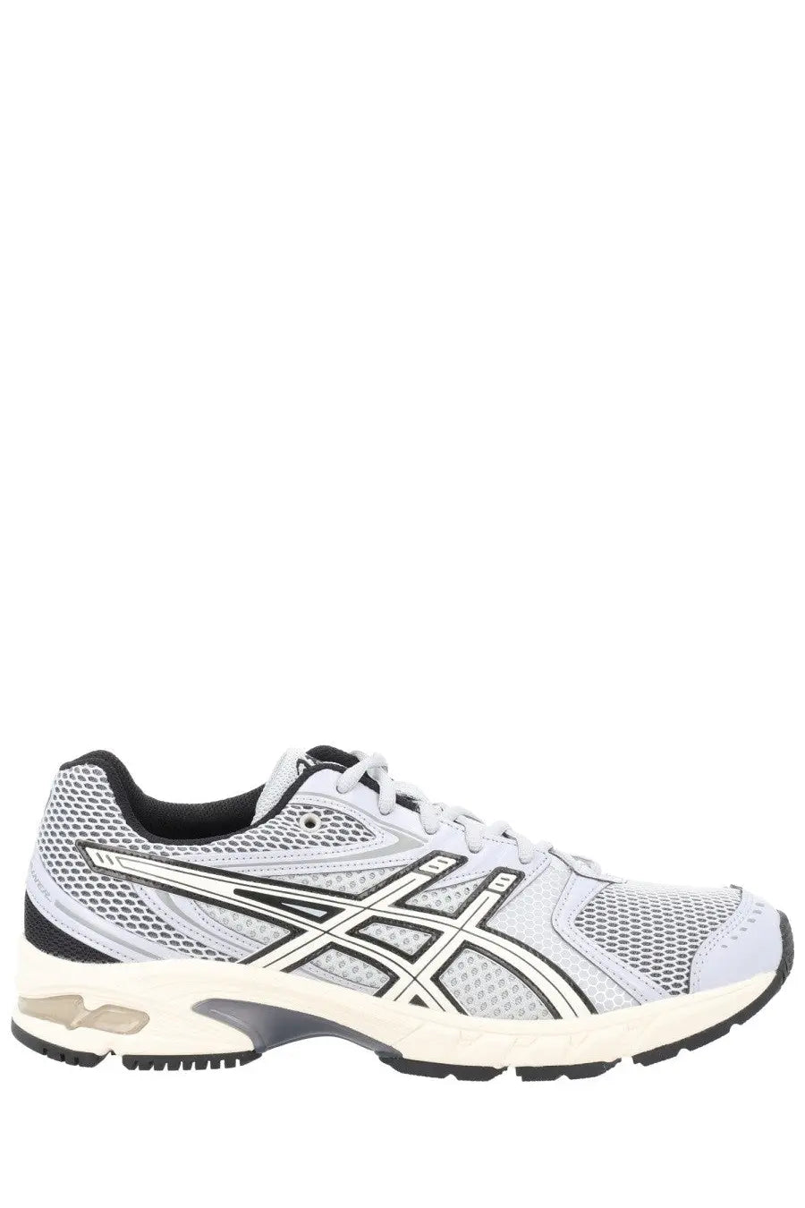 Asics unisex sneaker gel DS trainer grey with white and black mesh upper silver logo accents and cushioned midsole
