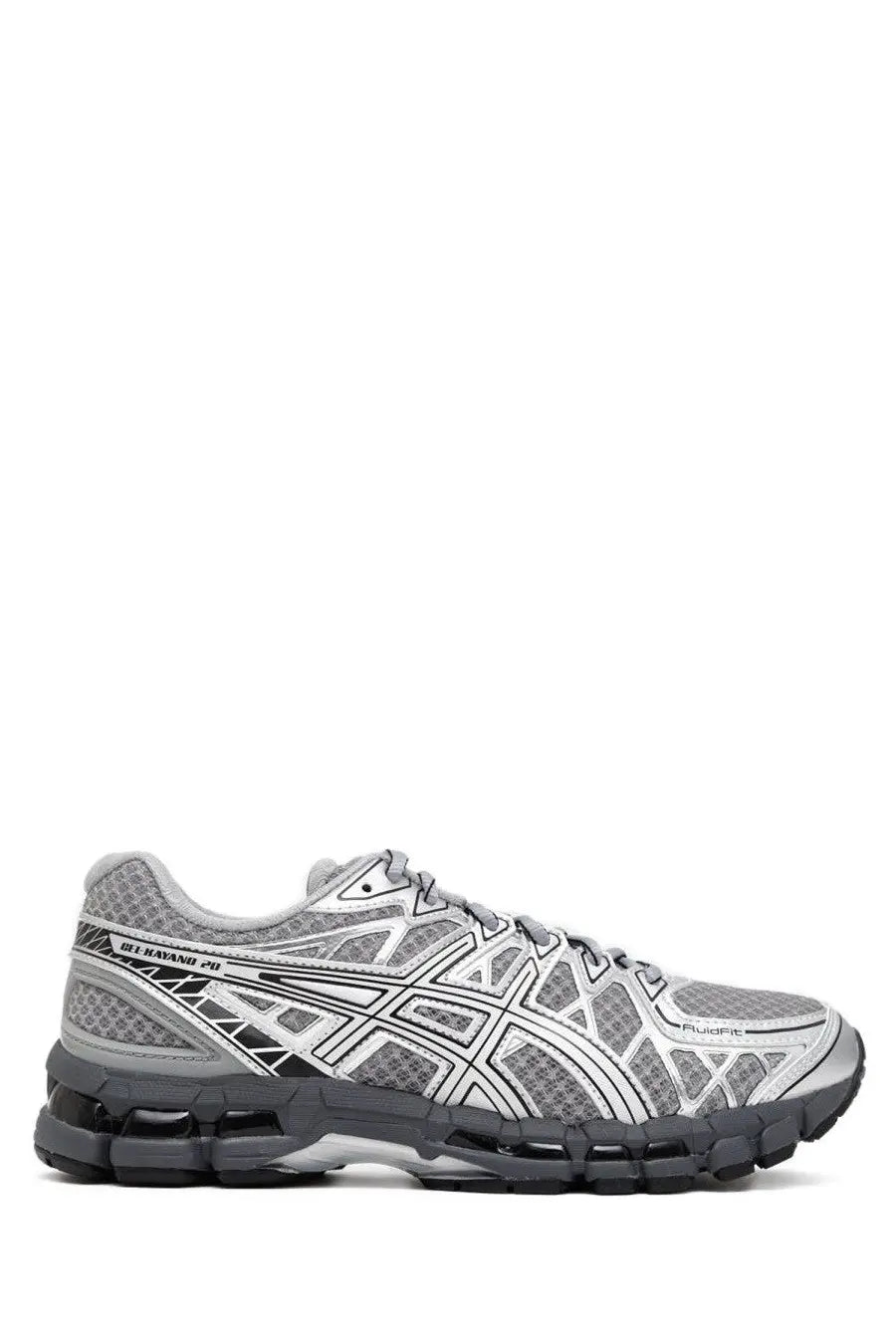 Asics unisex sneaker gel kayano silver gray and black running shoe with mesh upper white overlays and cushioned midsole