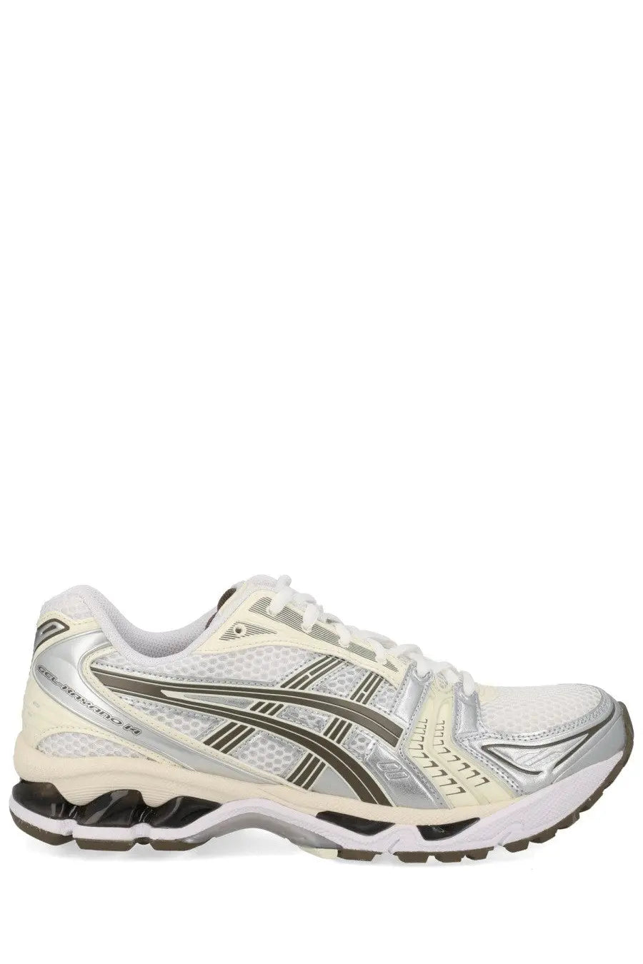 Asics unisex sneaker gel kayano white running shoe in white and silver with mesh upper black accents and cushioned sole
