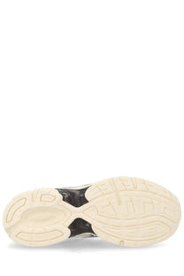 Cream-colored rubber sole with black accents and geometric tread on asics unisex sneaker gel multicolor
