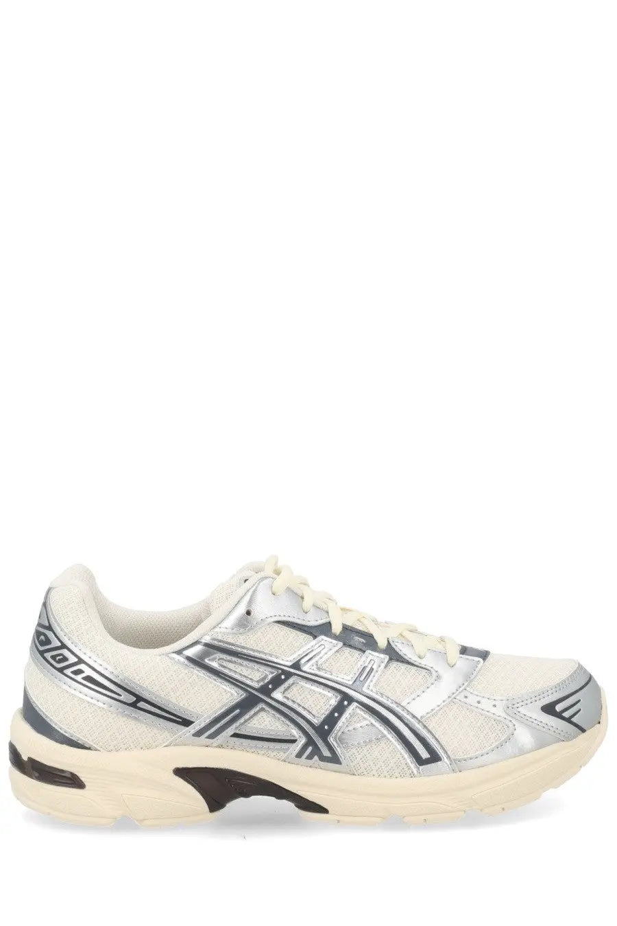 Cream-colored asics unisex sneaker gel multicolor with silver and black accents, mesh upper, and cushioned sole