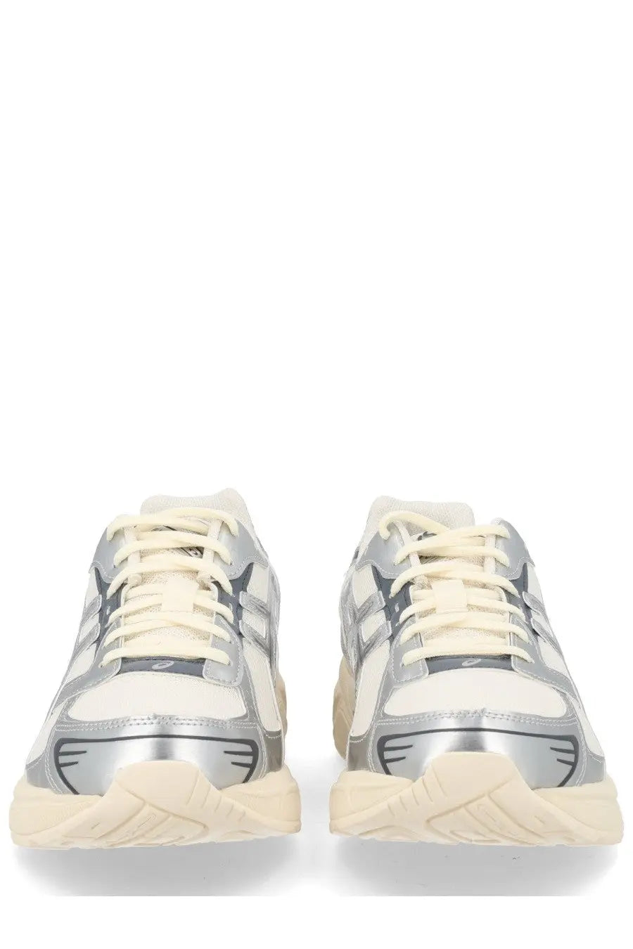 Asics unisex sneaker gel multicolor in silver and cream with metallic accents and bold lacing for a sleek modern look