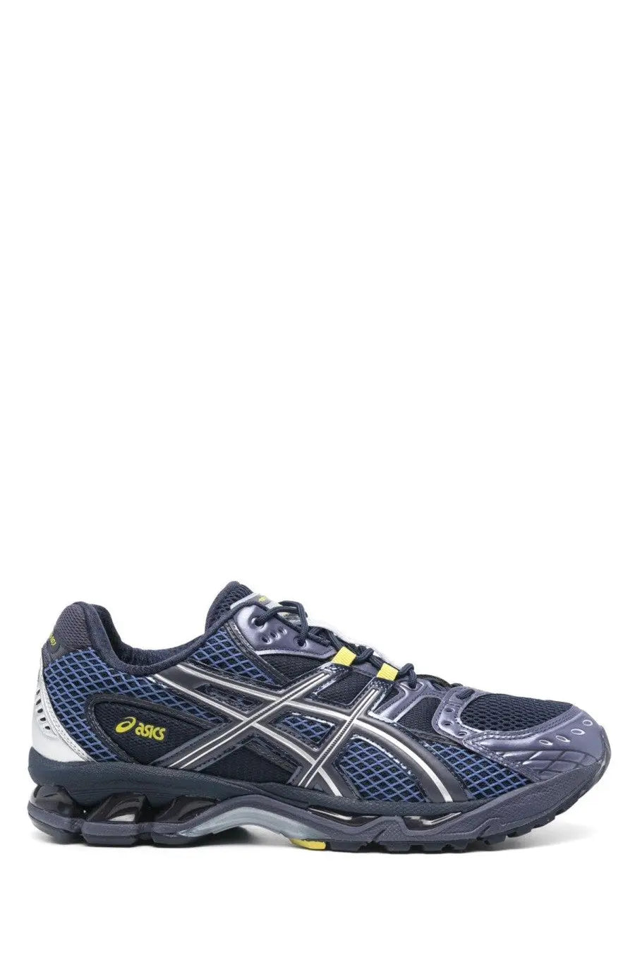 Asics unisex sneaker gel nimbus blue with dark blue and silver mesh upper and black laces with yellow aglets