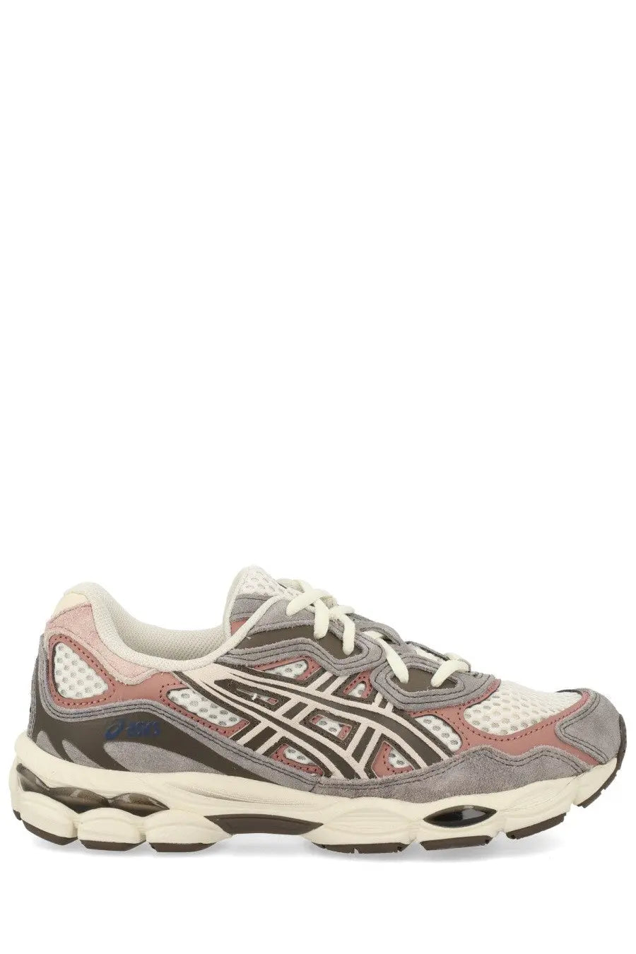 Asics unisex sneaker gel nyc in gray and pink with mesh suede and rubber accents for running use