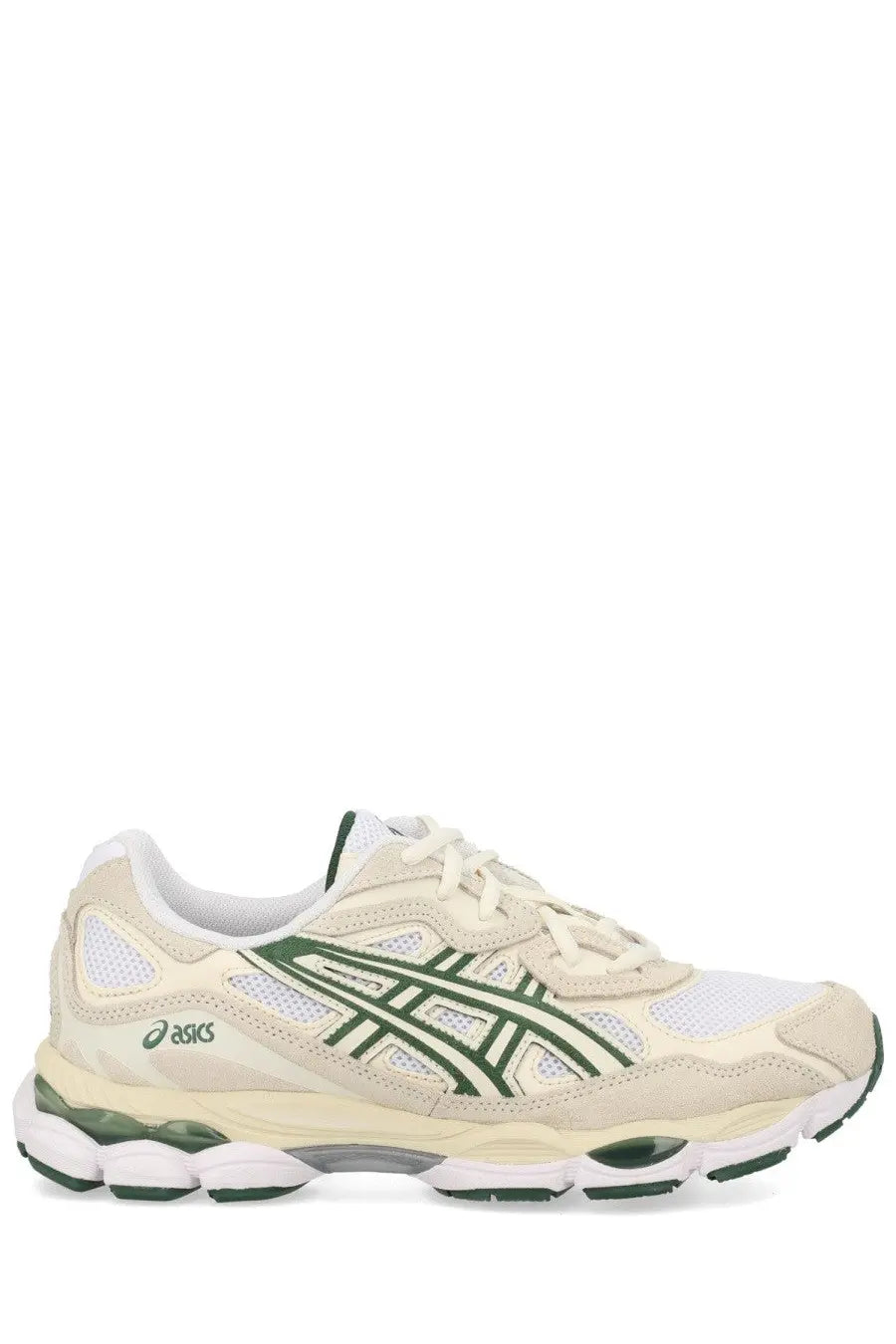 Cream-colored asics unisex sneaker gel nyc with green accents and mesh and leather upper for running and casual wear