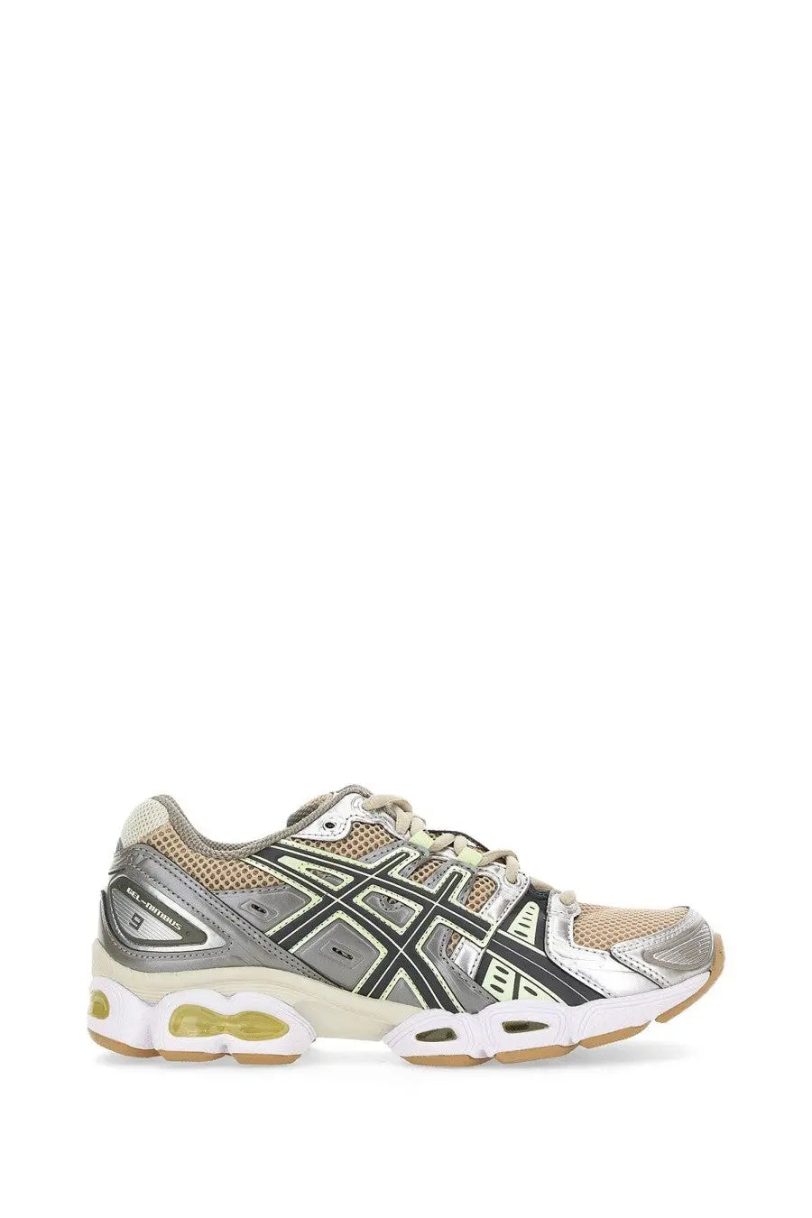 Asics women’s gel nimbus sneaker in silver and beige with mesh, synthetic overlays, and translucent yellow air unit