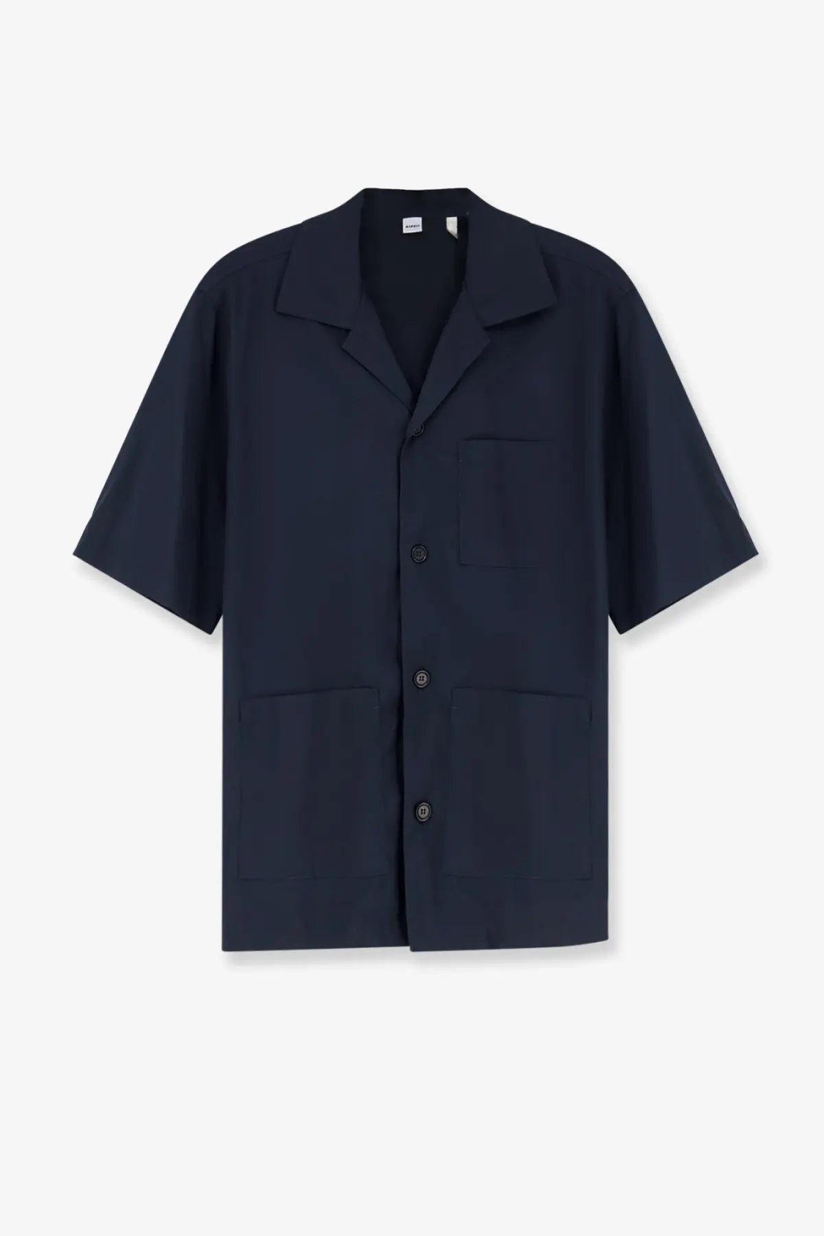 Aspesi men’s ago cotton blend dark navy short-sleeved button-up shirt with collar and two front pockets