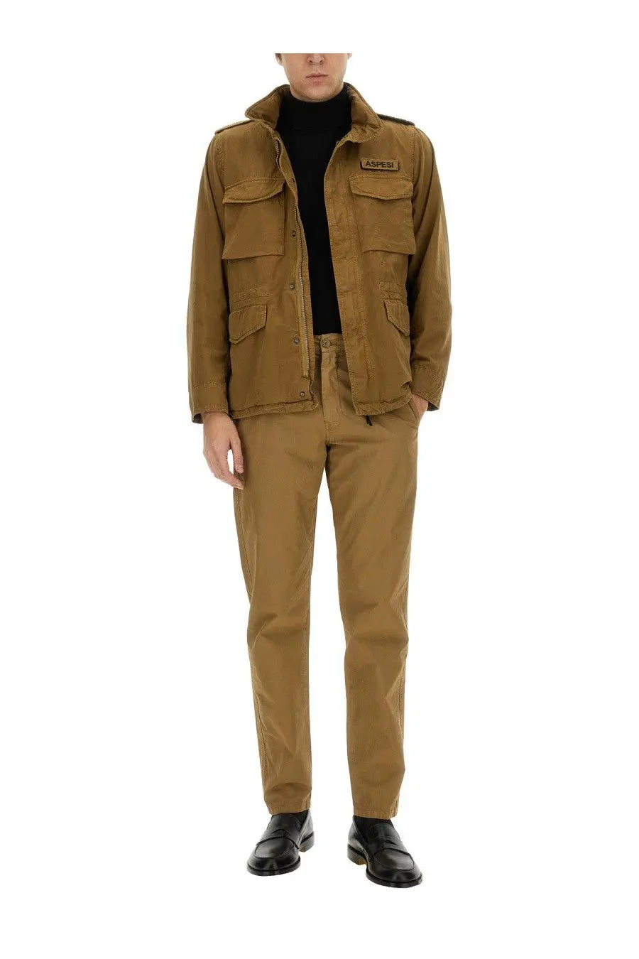 Tan corduroy field jacket with multiple flap pockets and branded patch paired with aspesi men’s beige chino pants