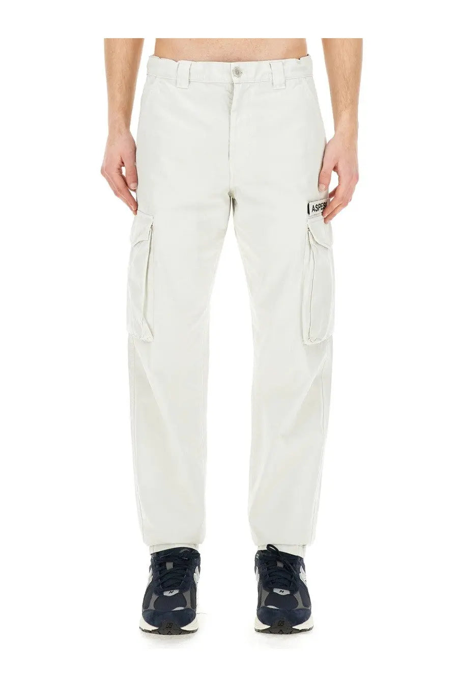 Aspesi men’s beige cotton cargo pants with multiple pockets and a branded patch on the thigh