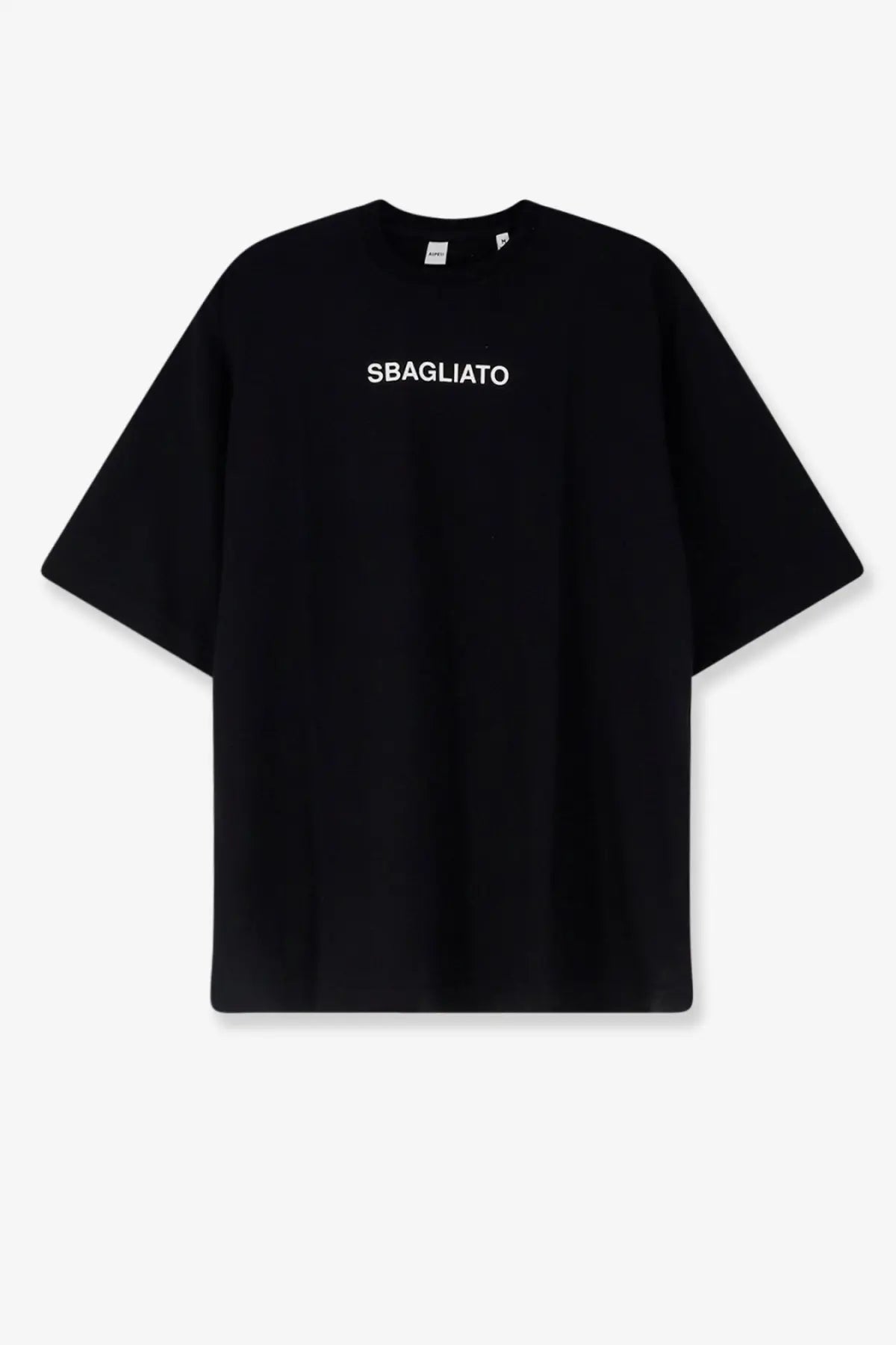Aspesi men’s black cotton oversized t-shirt with white sbagliato lettering across the chest