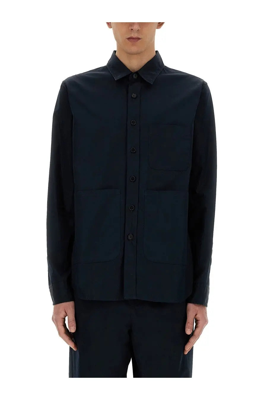 Aspesi men’s cotton shirt blue in black with two front pockets and classic collar button up style