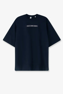 Black oversized cotton t-shirt with white embroidered text across the chest for men by aspesi