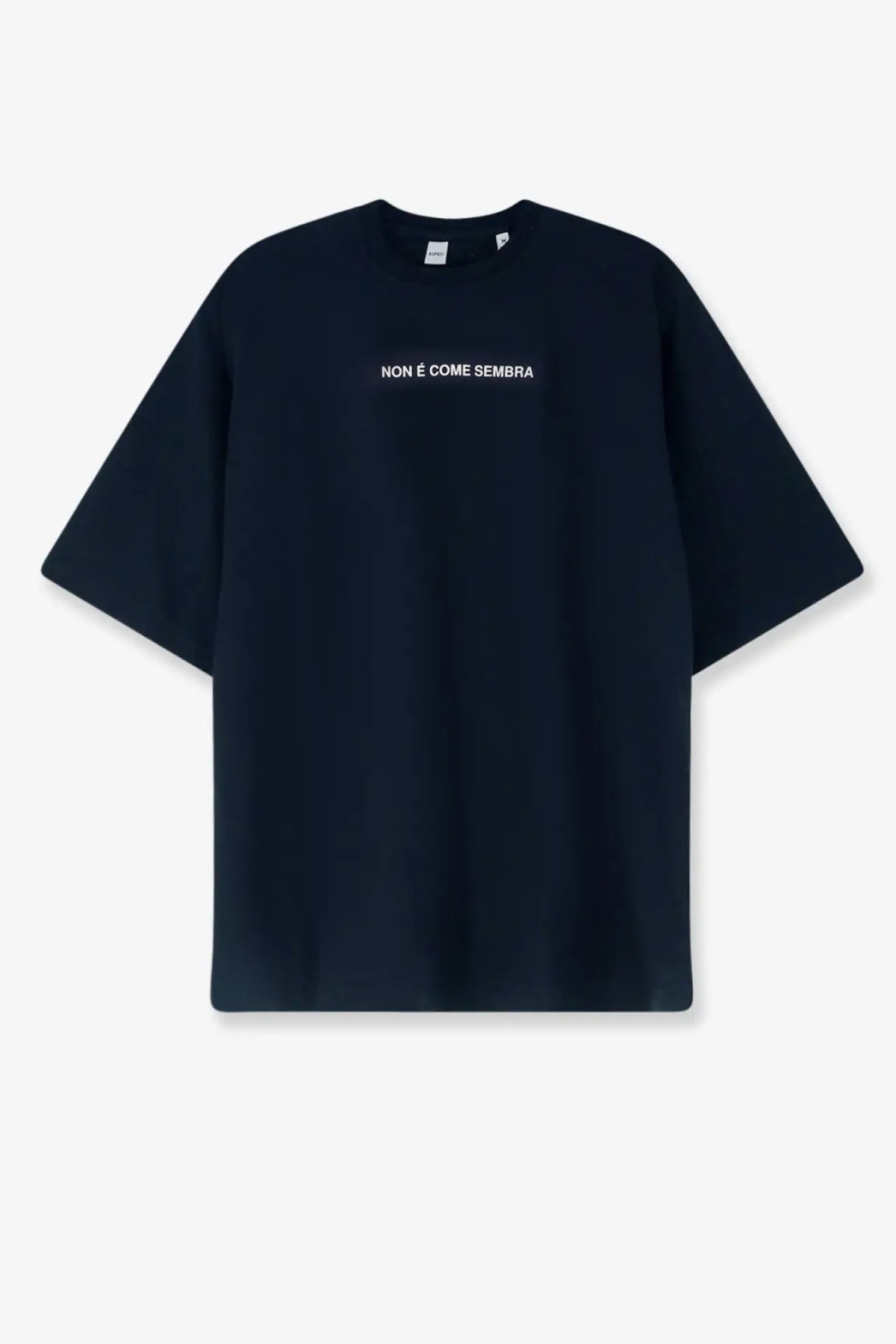 Black oversized cotton t-shirt with white embroidered text across the chest for men from aspesi