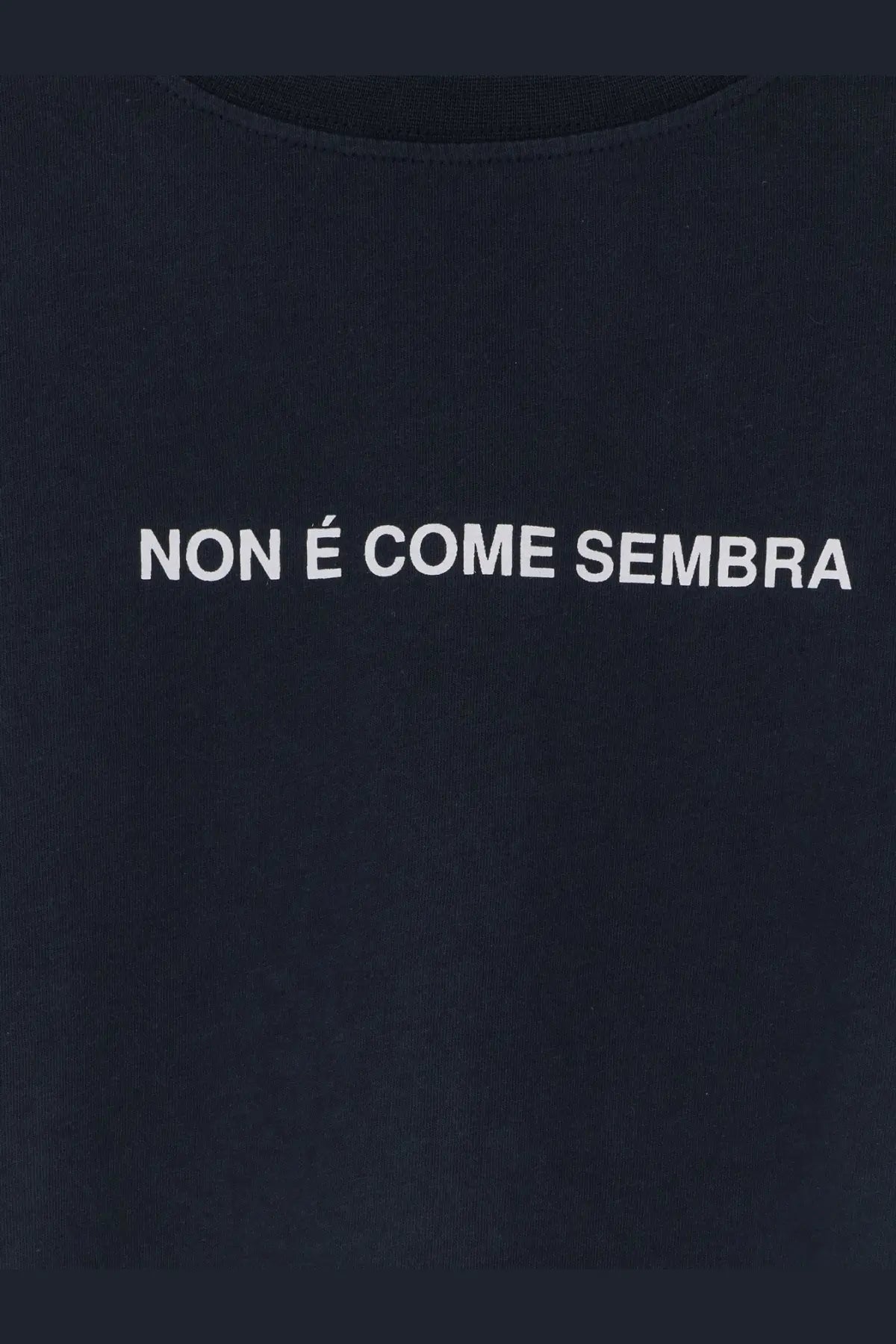Black cotton t-shirt featuring white embroidered non é come sembra text from aspesi men’s cotton shirt blue collection