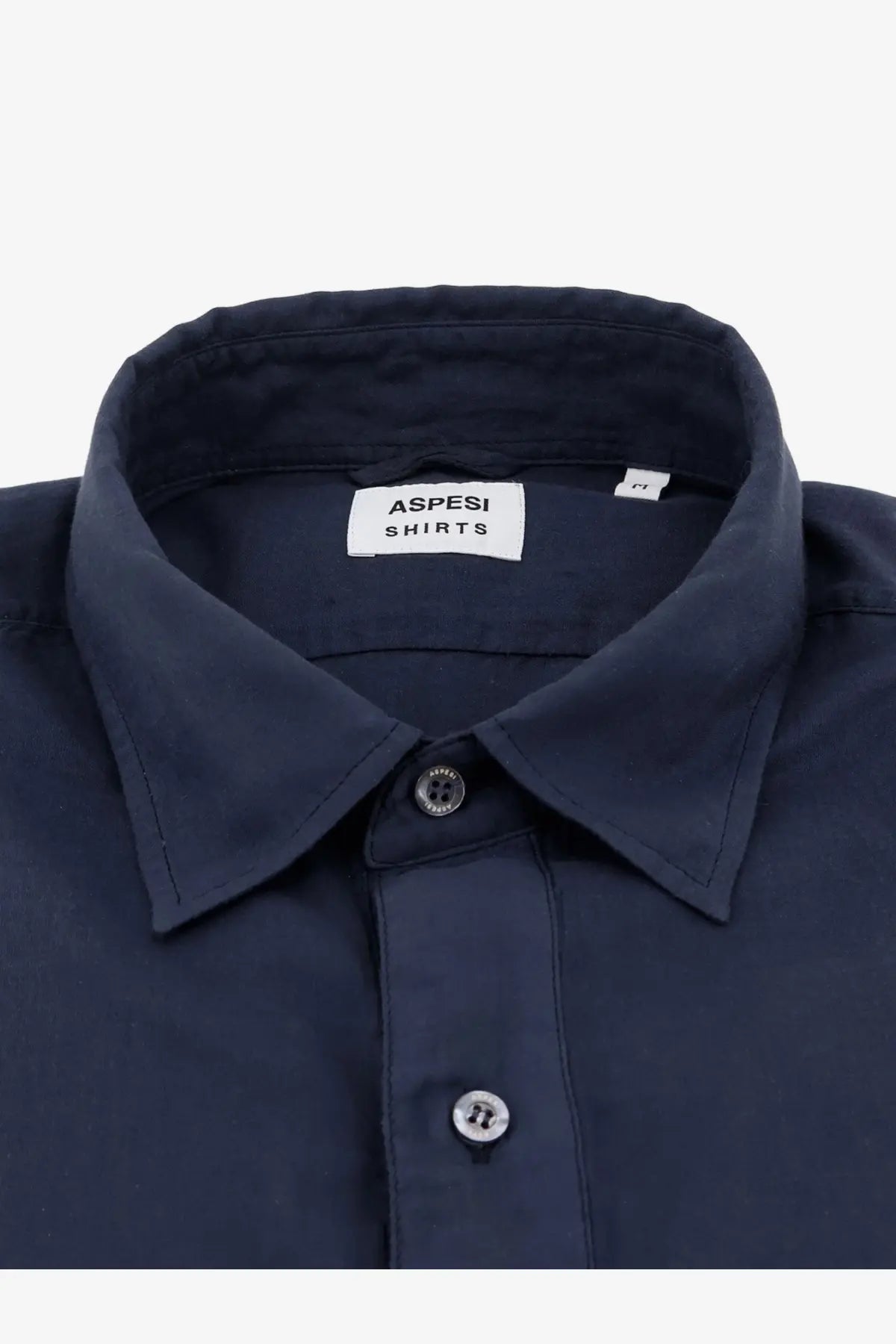 Aspesi men’s dark navy blue cotton button-down shirt with crisp collar and silver-toned buttons