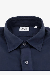 Aspesi men’s dark navy blue cotton button-down shirt with crisp collar and silver-toned buttons