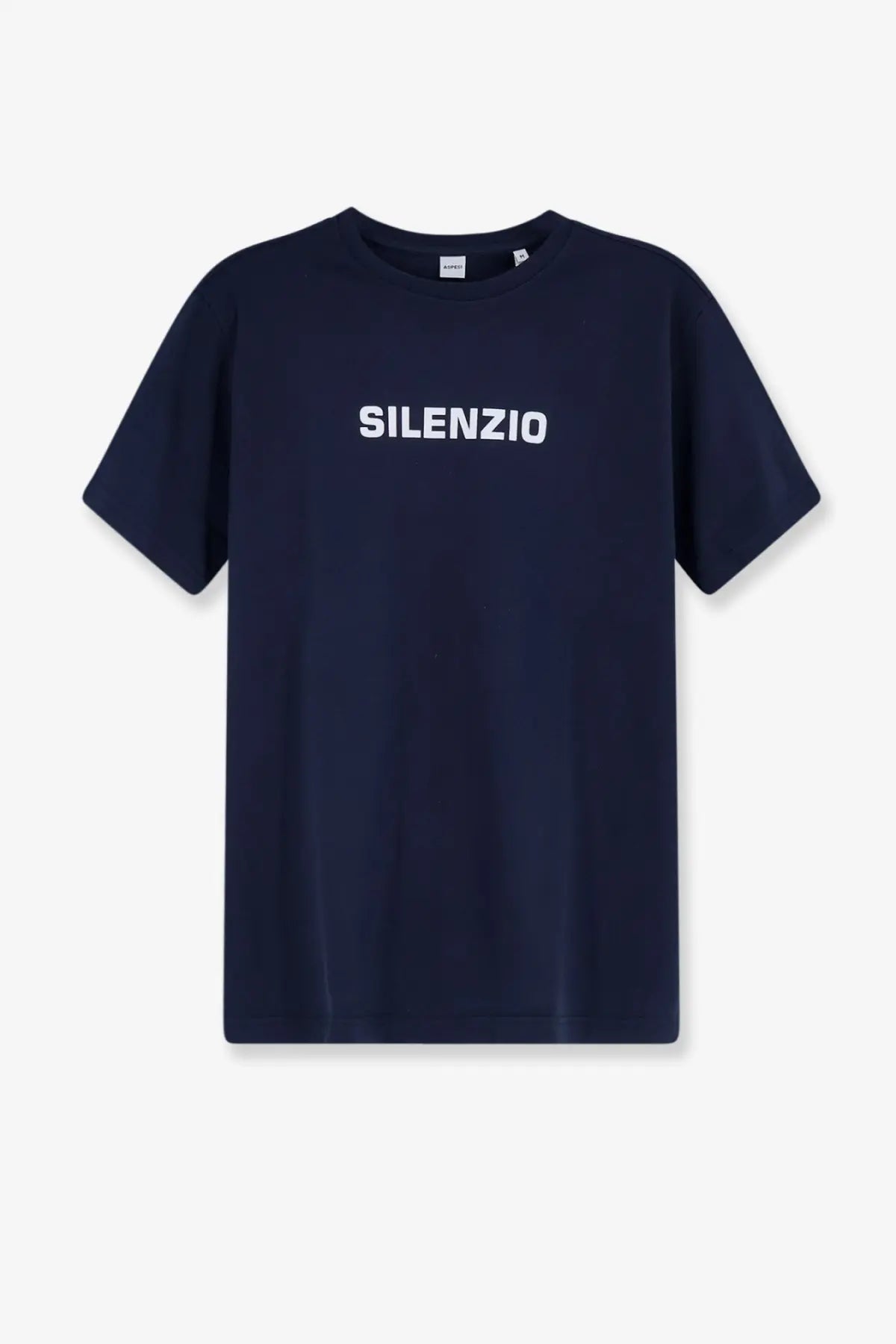 Aspesi men’s navy blue cotton t-shirt with white silenzio lettering across the chest