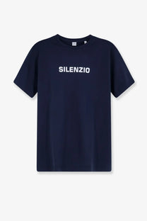Navy blue aspesi men’s cotton t-shirt with white silenzio lettering across the chest