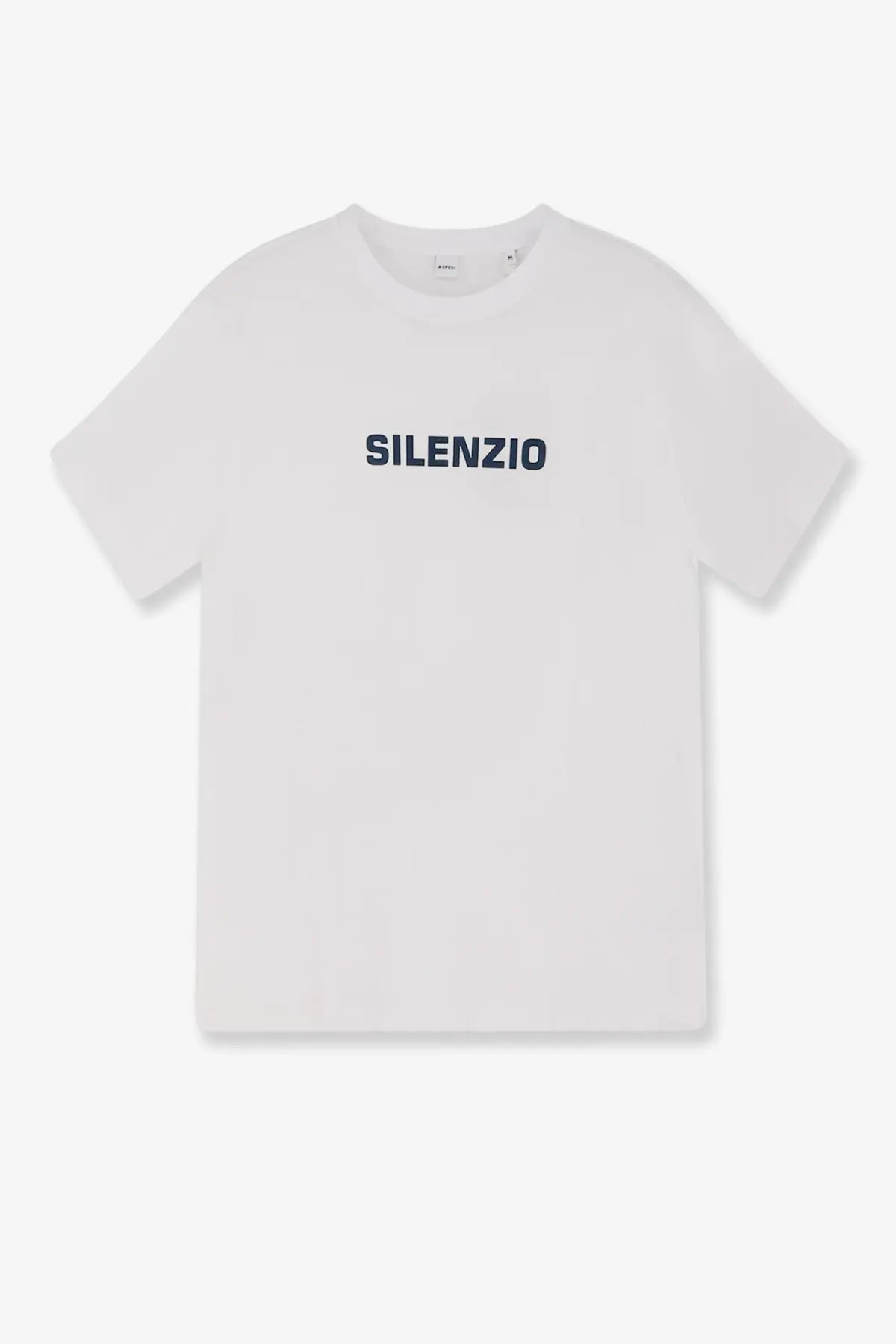Aspesi men’s white cotton t-shirt with navy blue silenzio lettering across the chest
