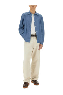 Aspesi men’s denim west shirt blue with subtle striped texture and classic collar in blue denim material