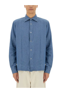 Aspesi men’s denim west shirt blue with classic collar and button-down front in light blue denim material