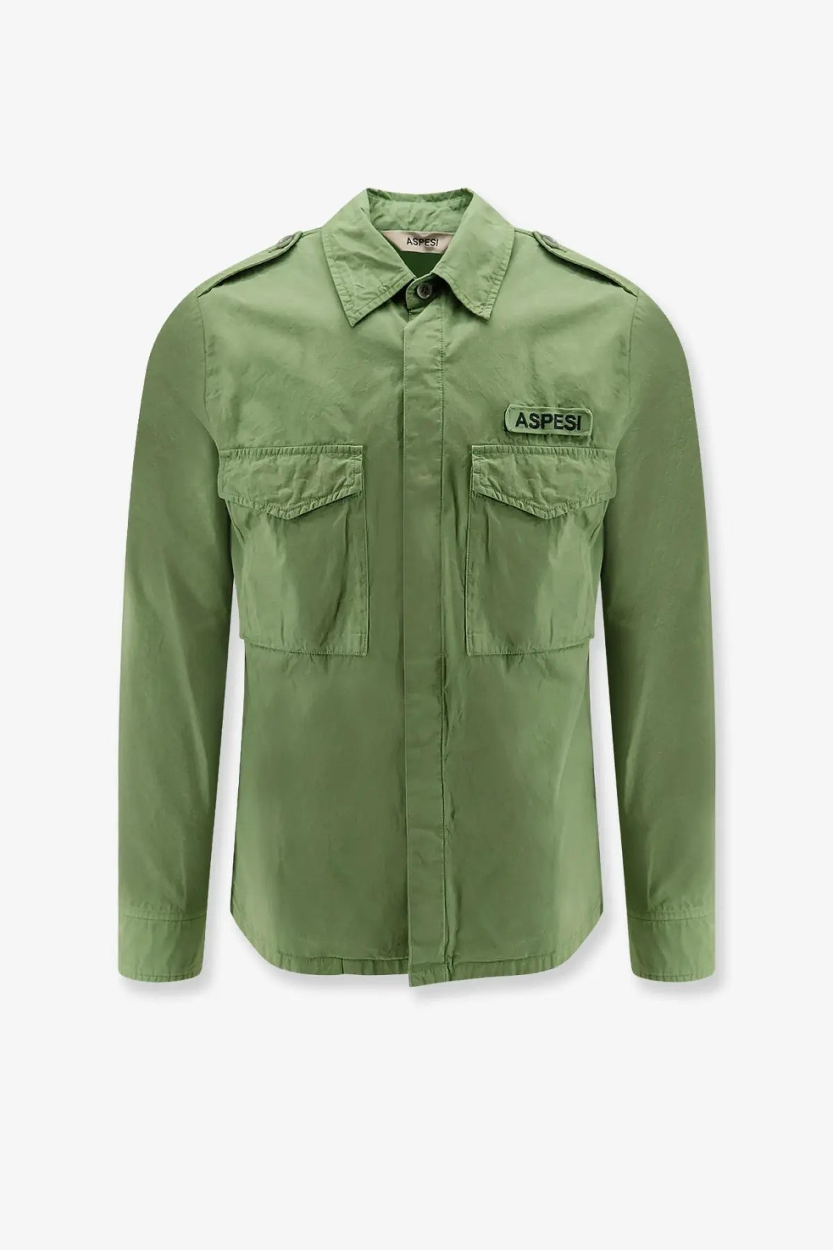 Olive green aspesi men’s long-sleeved field cotton shirt with button-down collar and two chest pockets pistachio