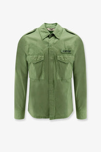 Olive green aspesi men’s long-sleeved field cotton shirt with button-down collar and two chest pockets pistachio