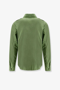 Olive green military-style Aspesi men’s field cotton shirt with reinforced shoulder patches and buttoned cuffs