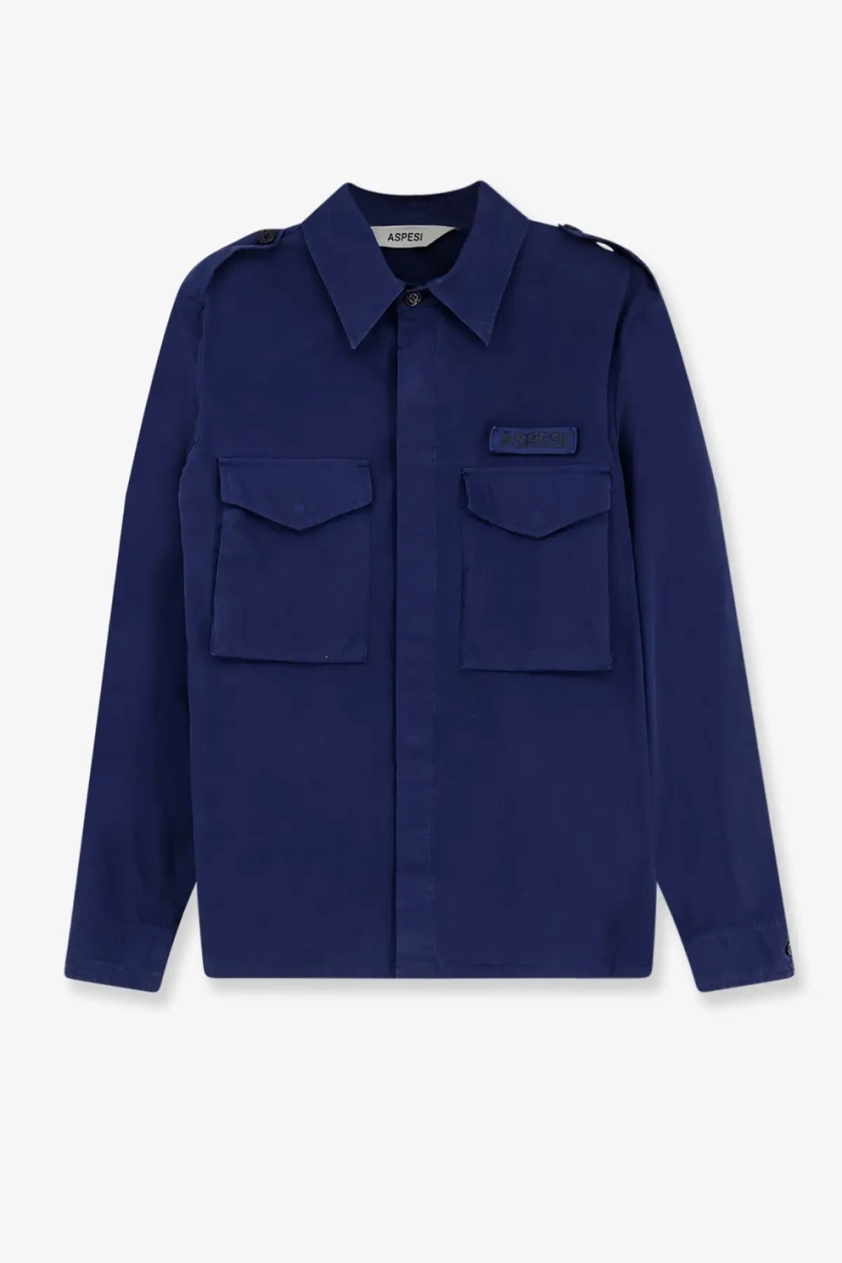 Aspesi men’s navy blue field shirt in lived fabric with long sleeves, front flap pockets, and shoulder epaulets