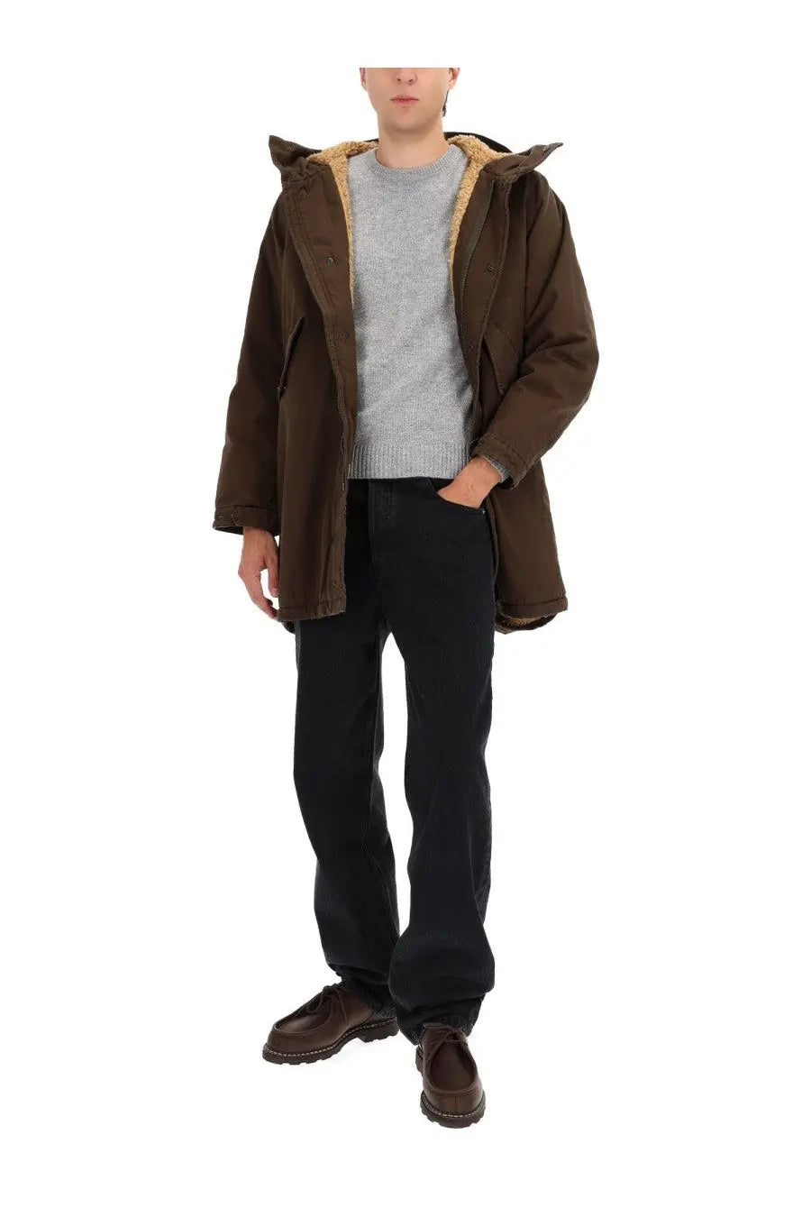 Aspesi men’s hooded parka green with a brown hood and plush tan shearling lining for warmth and style