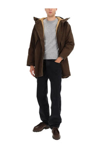 Aspesi men’s hooded parka green with a brown hood and plush tan shearling lining for warmth and style