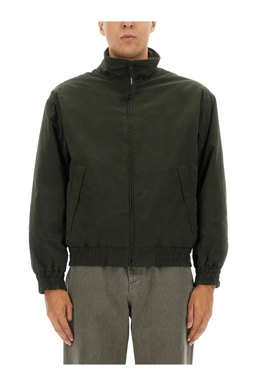 Aspesi men’s dark olive green bomber jacket with high collar front zipper closure and elastic cuffs