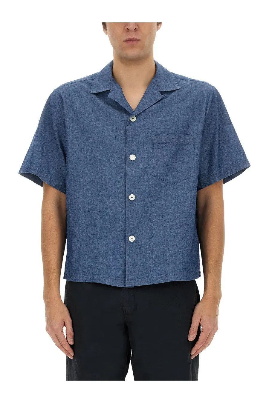Aspesi men’s jarvis shirt blue short-sleeved button-up with subtle textured weave and white buttons