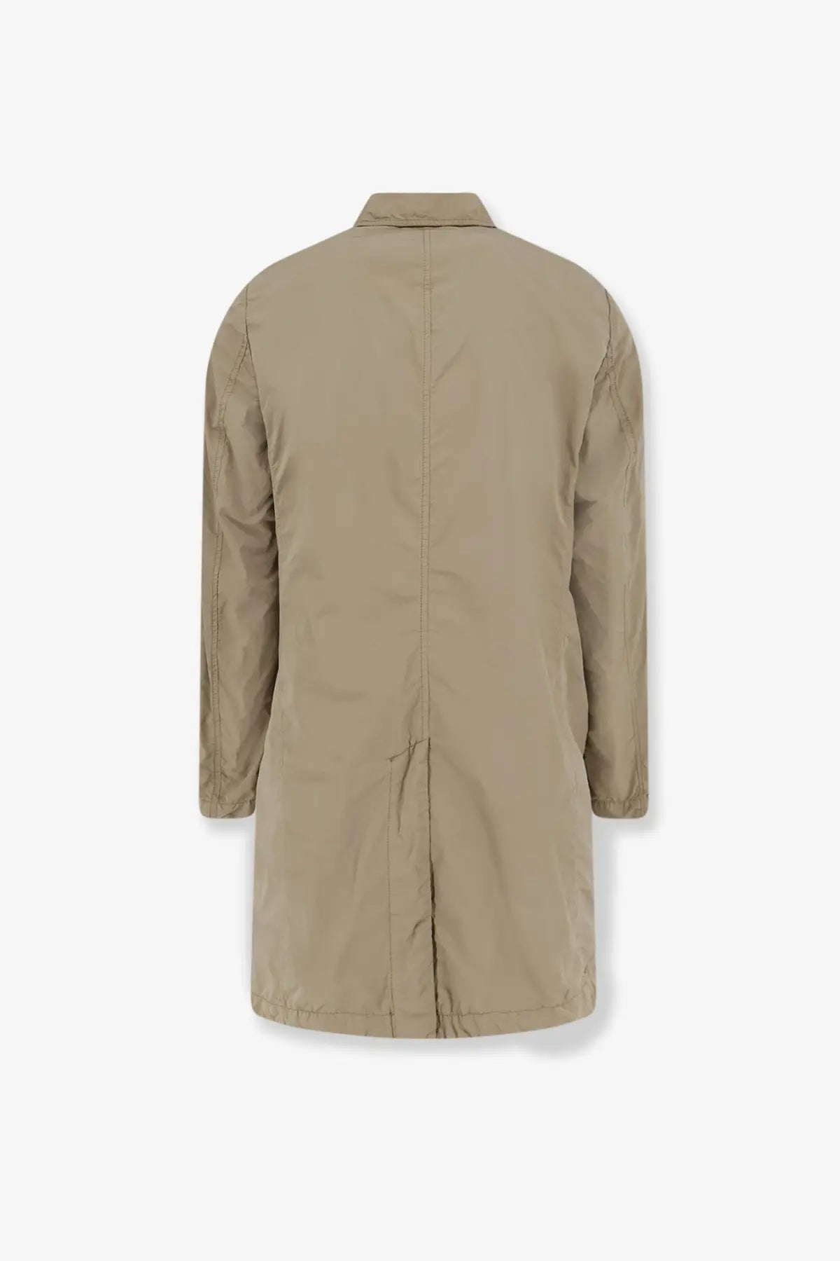 Aspesi men’s lemon raincoat beige trench coat with classic collar and long sleeves front view