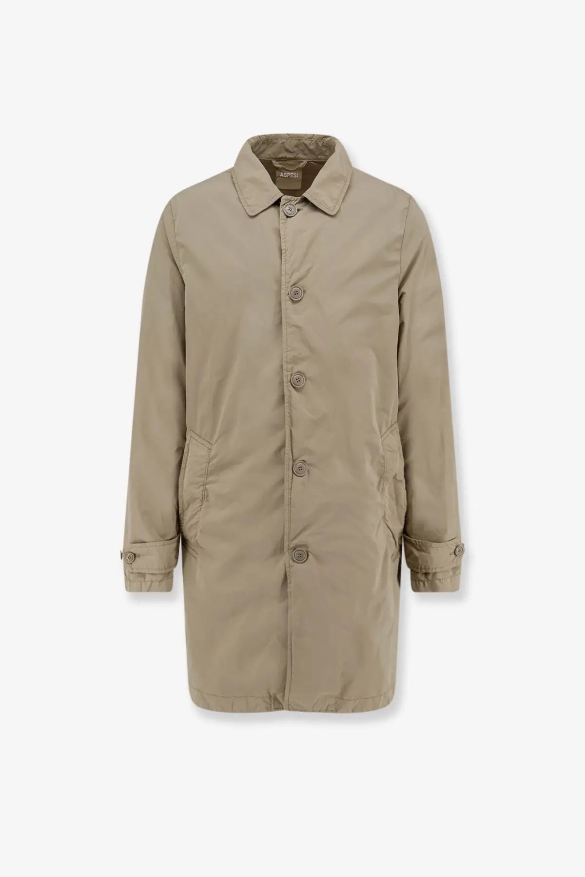 Aspesi men’s lemon raincoat beige trench coat with classic collar button closures and adjustable cuffs