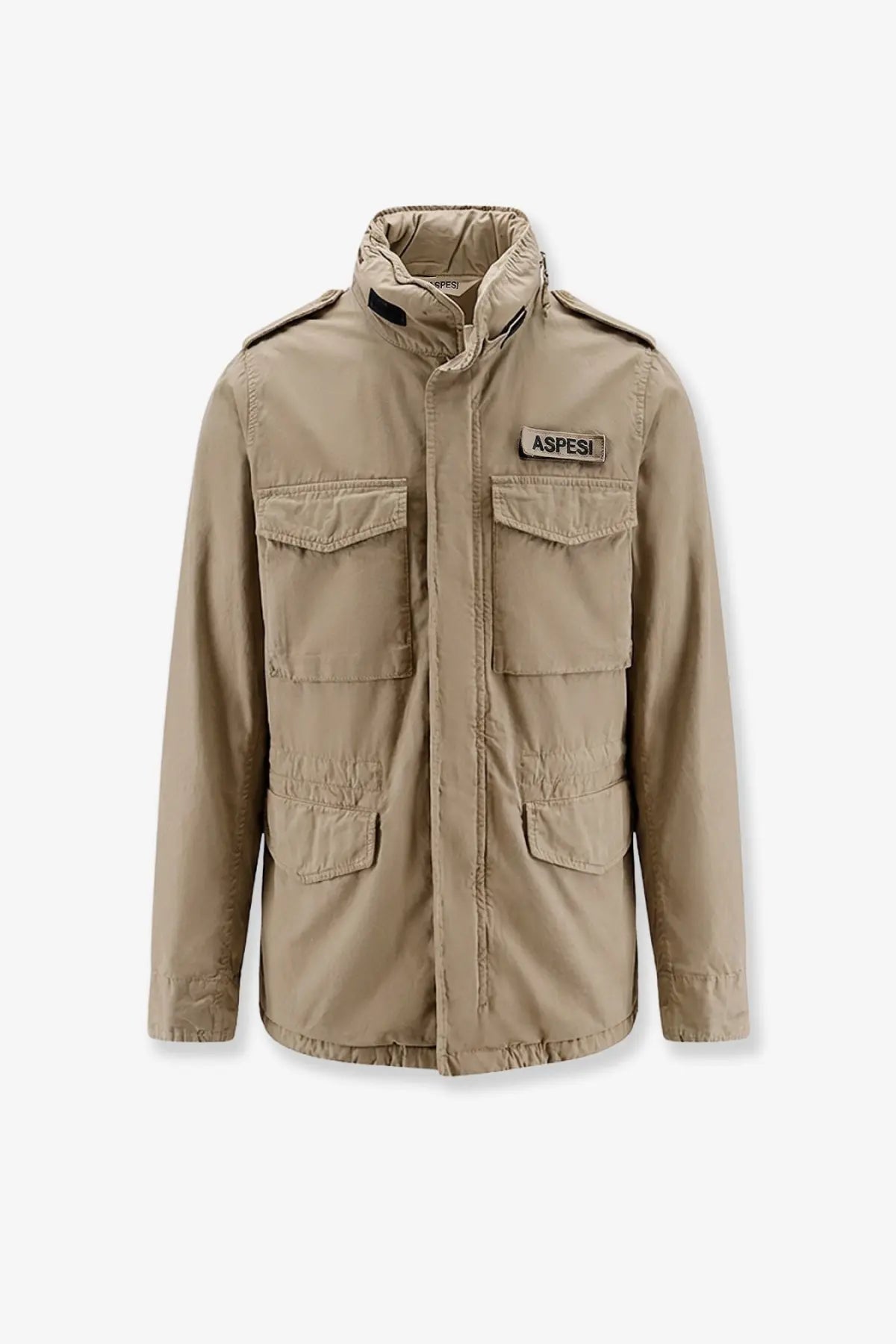 Beige aspesi men’s minifield cotton jacket with multiple flap pockets and quilted collar in military style